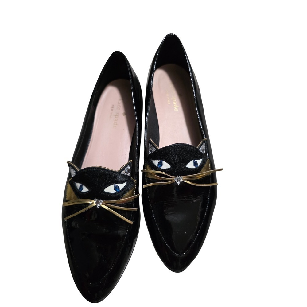 Kate Spade New York Black Cat Patent Leather Loafers Flats Real Calf Fur 8M